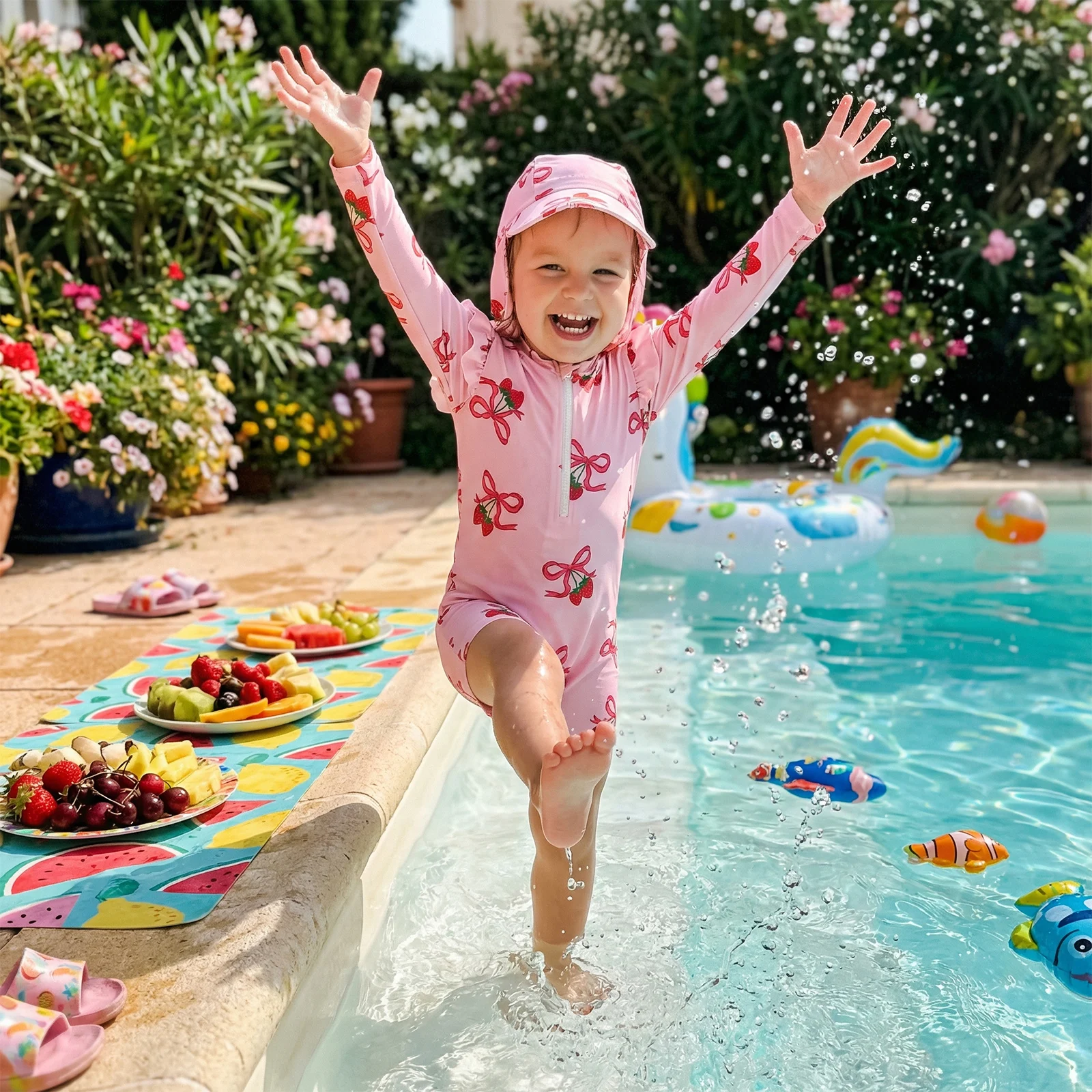 

Купальник-ромпер для малышек с длинным рукавом, милым бантом и клубничным принтом, с защитой от солнца, с шапочкой, пляжный комплект из 2 предметов