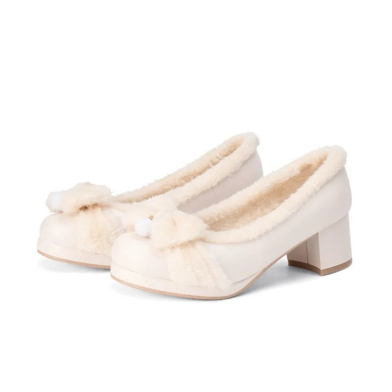 Winter Fleece Lined Lolita Pumps Cute Bow Round Toe Mid Heel Women Sweet Kawaii Daily Footwear