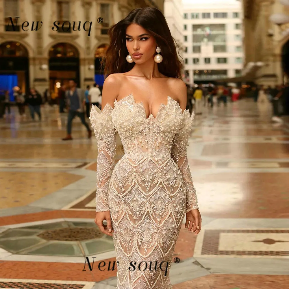 Arabic Beige Elegant Mermaid Evening Dresses Sexy Boat Neck Pearls Beaded Dubai Muslim Women Formal Wedding Gala Party Gowns