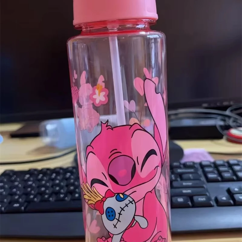 700ML 스티치 엔젤 만화 물병 회색 파란색 휴대용 플라스틱 대용량 만화 캐릭터 투명 컵 야외 스포츠 물병