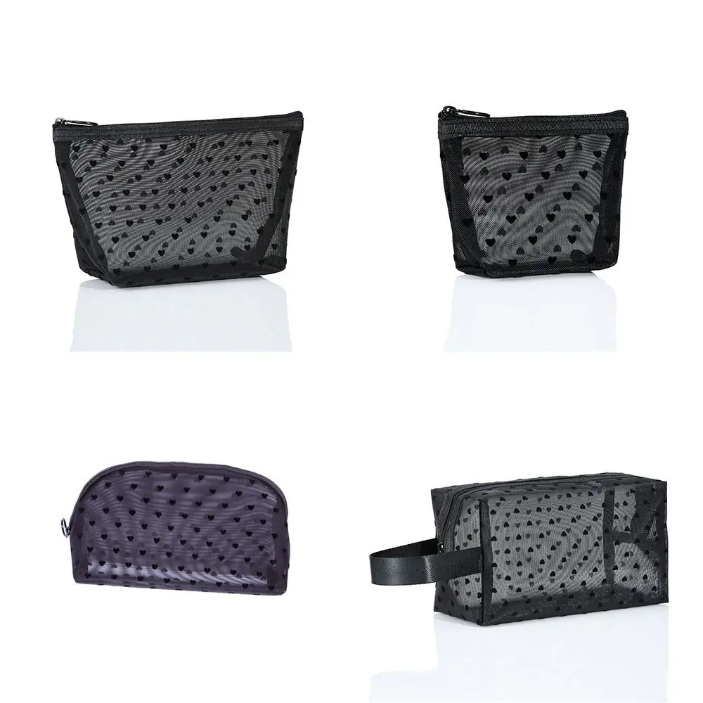 Cute Wave Point Love Heart Mesh Makeup Bag Zipper Storage Bag Transparent Cosmetic Bag Organizer Case Toiletry Bag Outdoor