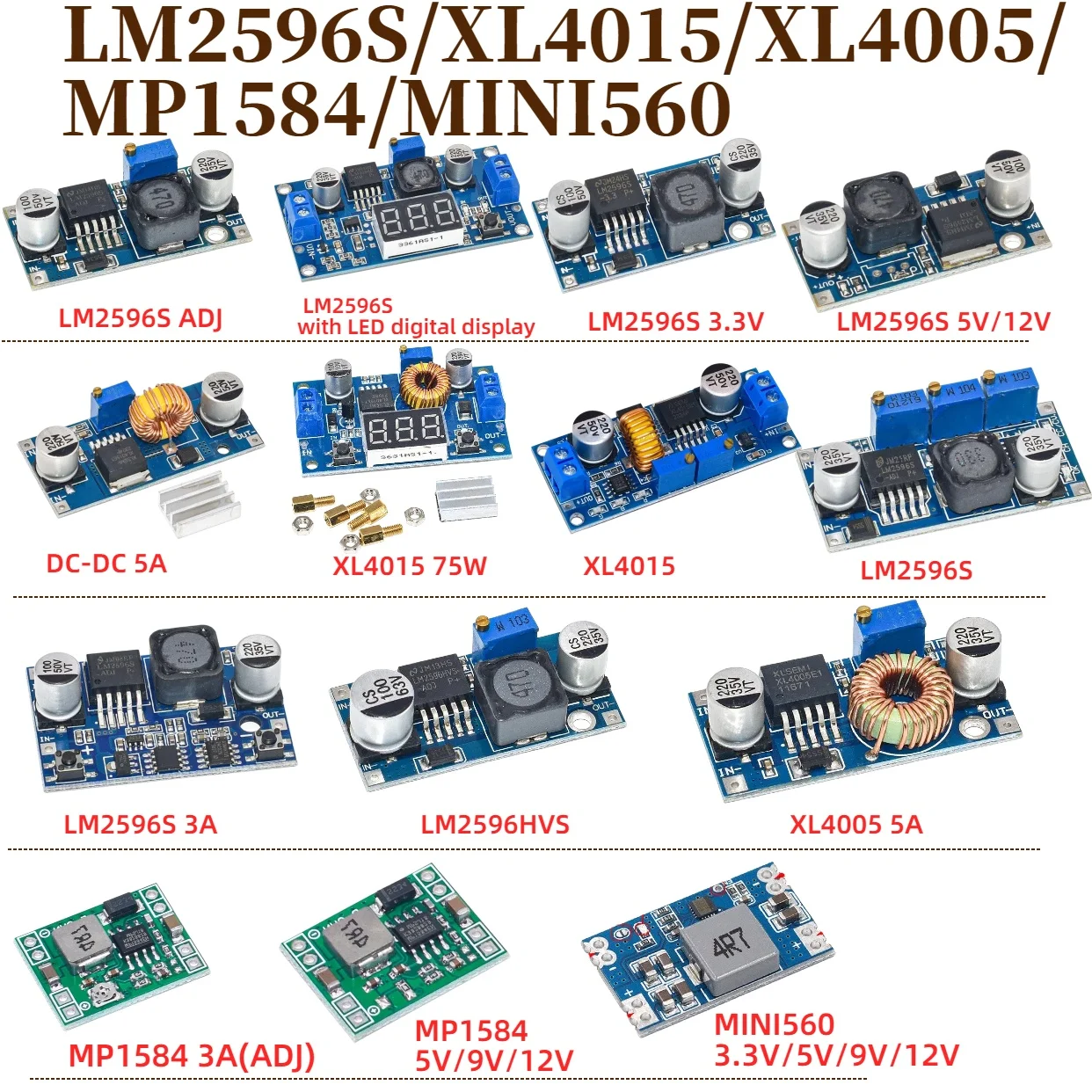 1/5/10 piezas LM2596 XL4015 XL4005 MP1584 MINI560 Convertidor DC-DC Buck 3A Ajustable Módulo de Potencia Reductor con Pantalla Digital