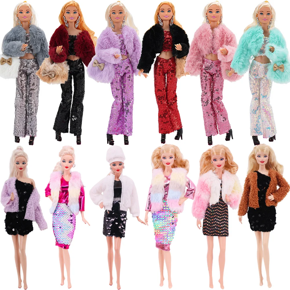 Pop Doll Clothes Plush Coat+Sequin Dress Outfit Clothing For Barbies&BJD Doll Clothing Accessories Shoes Bag Girl's Toys Gift