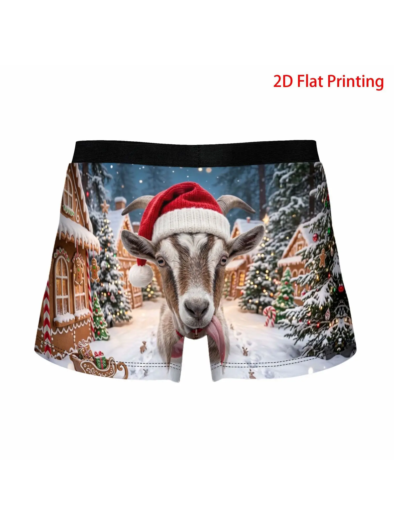 1pc Funny Christmas Goat Boxer Briefs with Santa Hat Print Underwear - Breathable Short Shorts Suitable for Holiday Parties