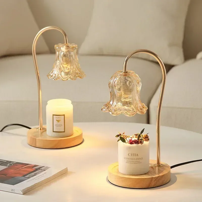 Candle Warmer Lamp with 2 Bulbs Soft Brightness Create Ambiance in Any Room Modern Glass Flower Candle Lamp Warmer Wood Base