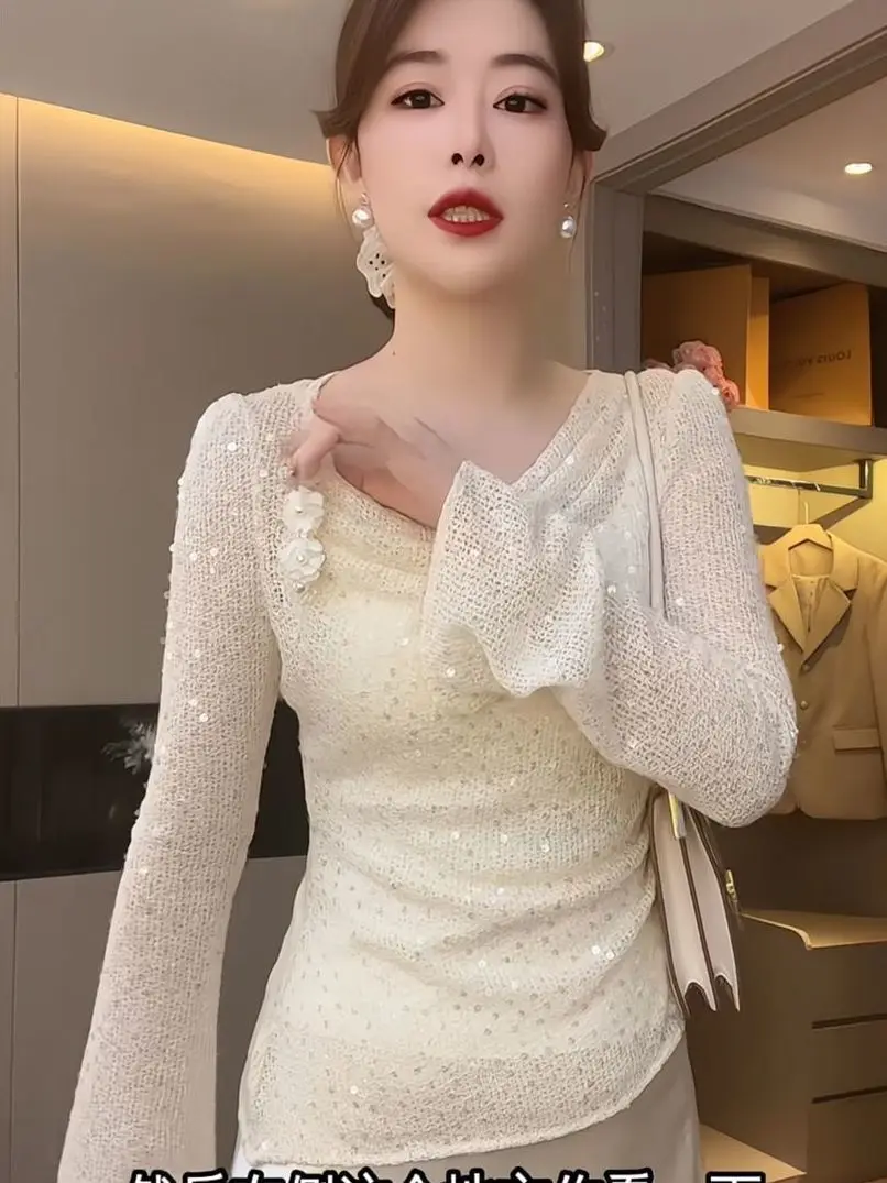 Elegant Women Blouse With Beaded Detailing And Soft Knit Texture For Spring And Autumn Wear