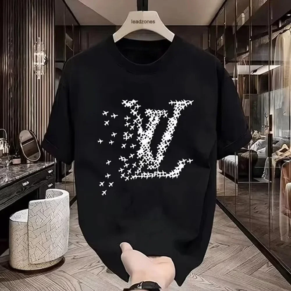 Camiseta con estampado de avión estilo LV para hombre, camiseta de manga corta con contraste blanco y negro, ropa informal de algodón transpirable, Top para moda de verano