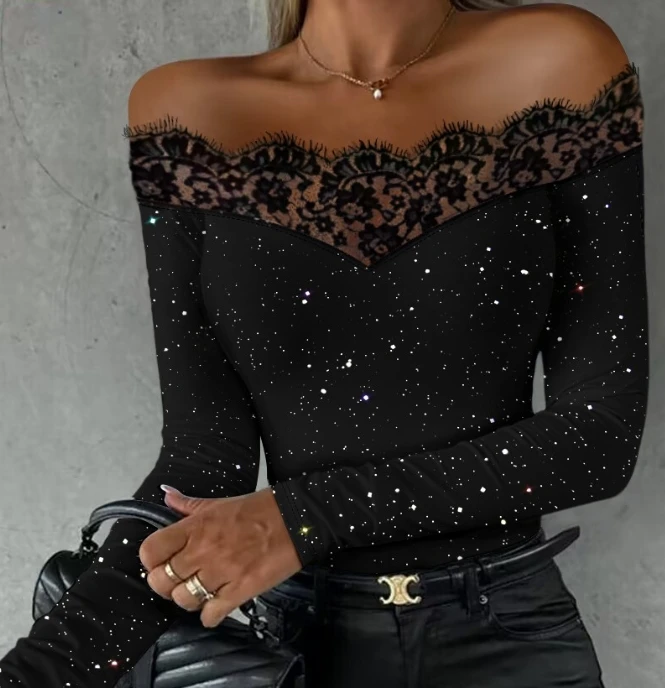 Top Women 2024 Spring Fashion Glitter Print Off Shoulder Eyelash Lace Patch Semi-Sheer Casual Long Sleeve Skinny Daily Tee Top