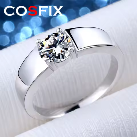 COSFIX D Color 1CT Moissanite Ring for Men 925 Sterling Silver Simulation Diamond Wedding Band Classic Round Cut with GRA Ring