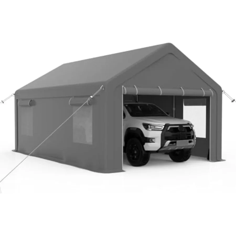 13 x 20 FT Heavy Duty Carport for All-Season Use, Grey Reinforced Steel Poles, Portable Garage with Roll-Up Mesh Windows Remova