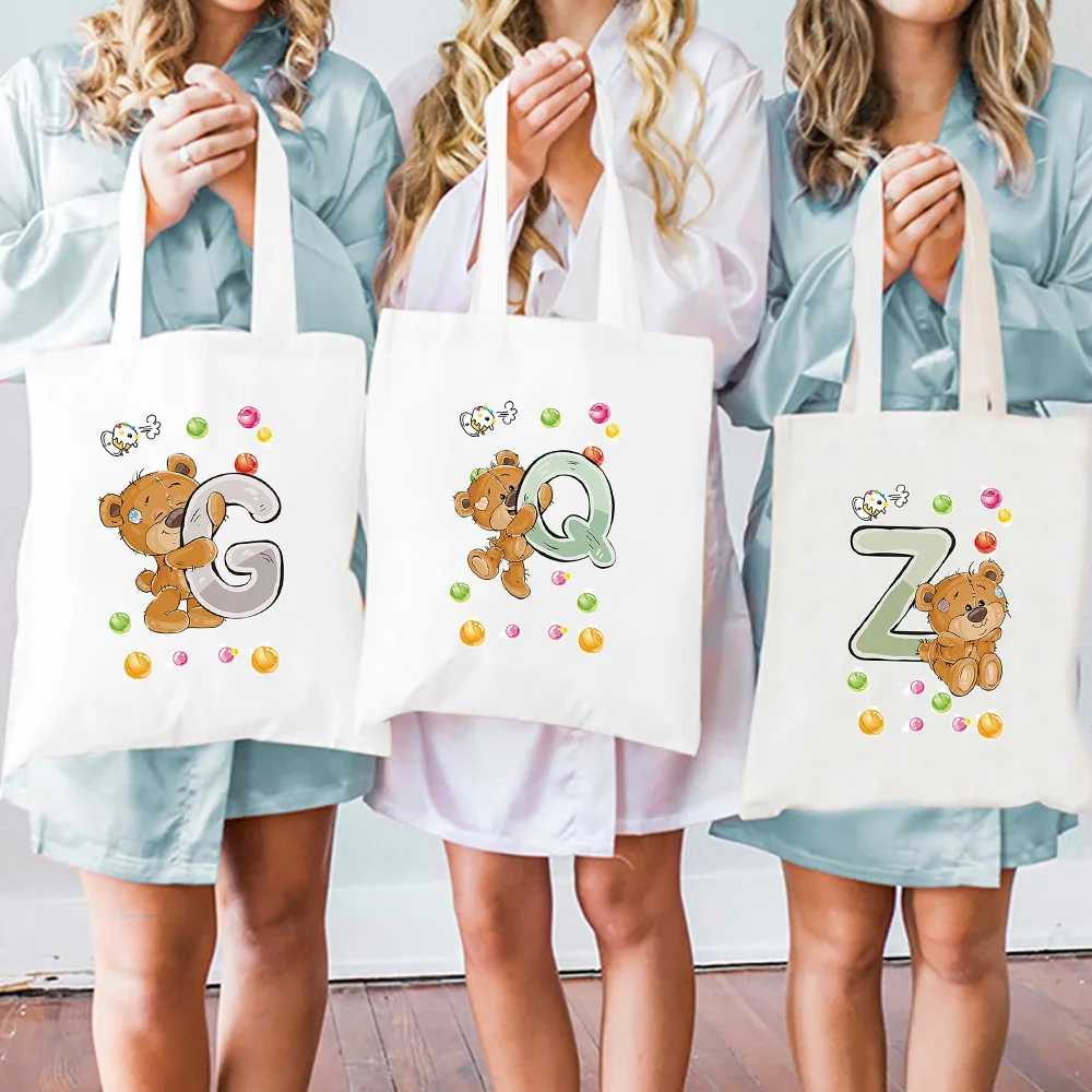 Ladies Shopping Bag Tote Bag Canvas Shoulder Bags Bear Letter Print Shopper Handbag High Capacity Cloth Bags Women Sundries Bag