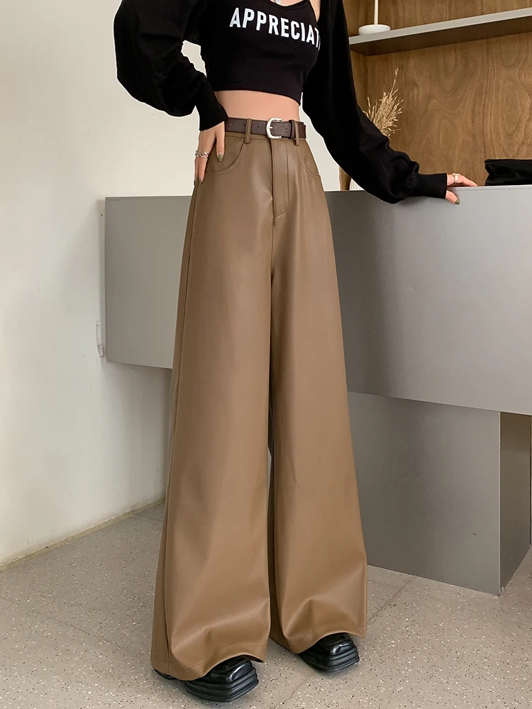 QOERLIN PU Leather Pants Women 2024 New High Street Faux Leather Trousers Wide Leg Pocket Trousers Autumn Winter Vintage Pants