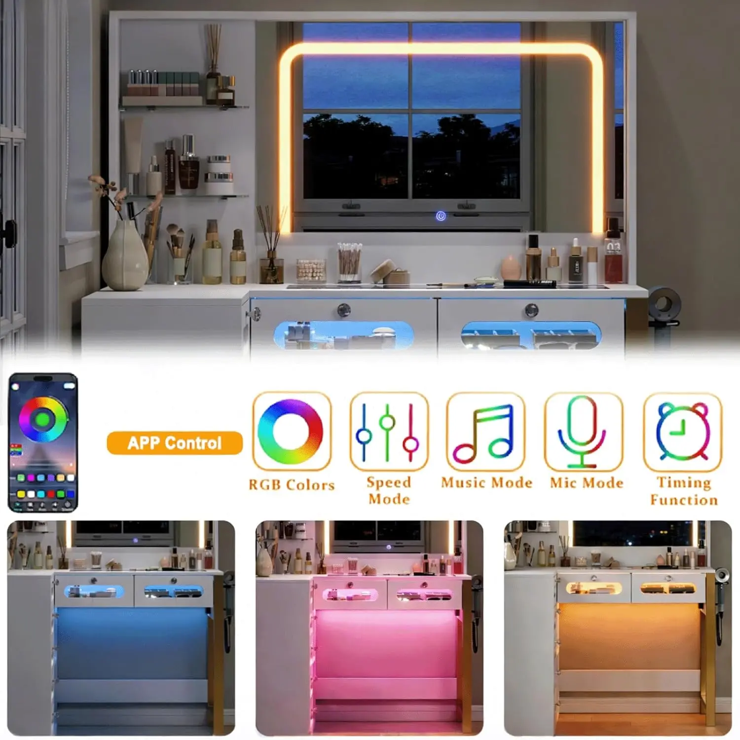 White Clear Glass Top Makeup Vanity for Bedroom with Mirror, Lights, 2 RGB Drawers, Spacious Storage & Power Outlet view 4