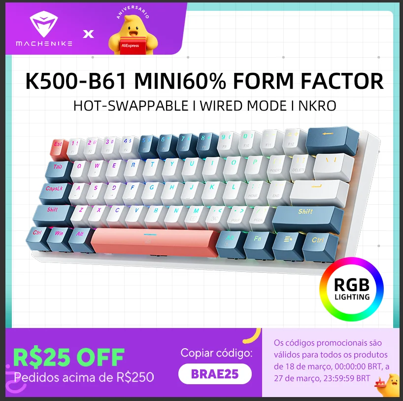 Machenike K500-B61 Mini Teclado Mecânico Formato 60% com Fio, Teclas Removíveis, Retroiluminação RGB, 61 Teclas para Jogos.