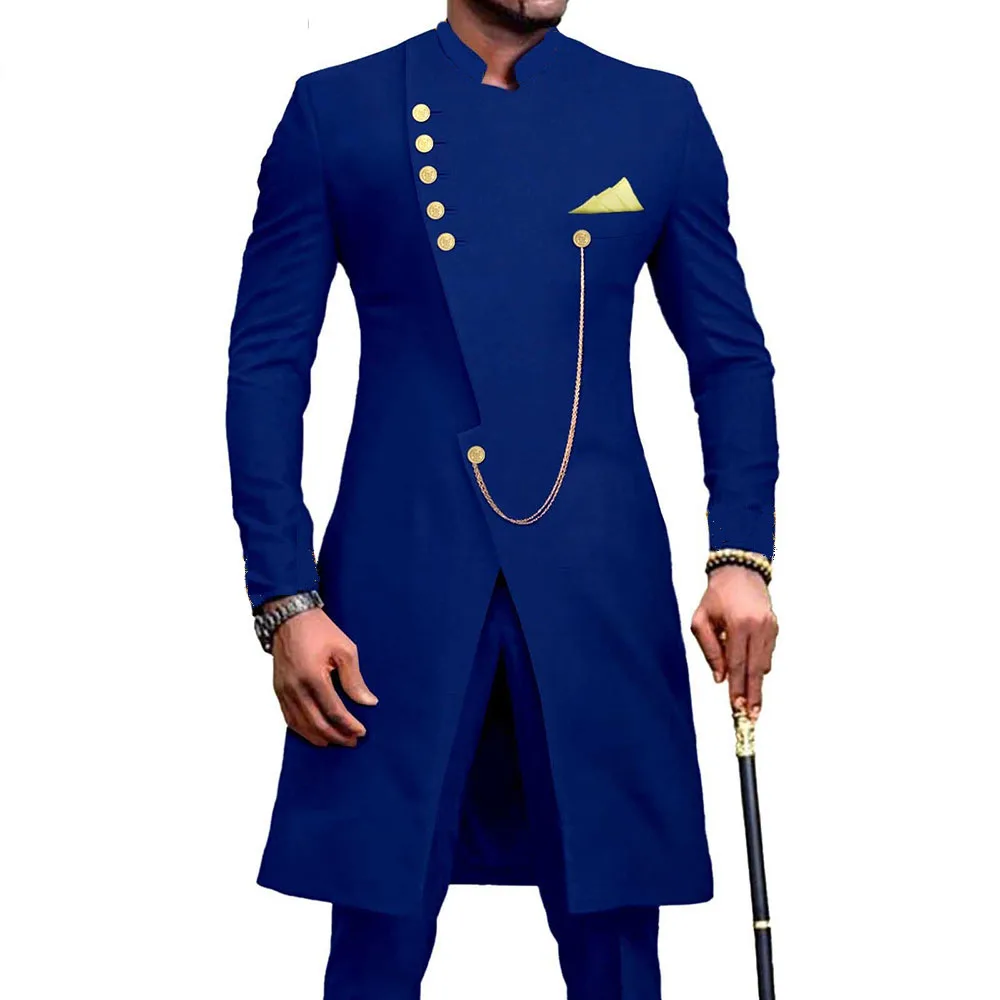 

2023 Men's Sapphire Side-Breasted Slim Fit Set Popular Standing Collar Customized 2 Piece Wedding Groom Tailcoat Jacket Pants