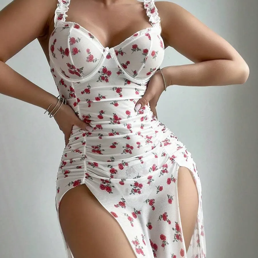 

Women's Floral Print Nightgown Set Ba Split Top Comfortable Home Clothes Mid-Length Polyester Spring Season Faion