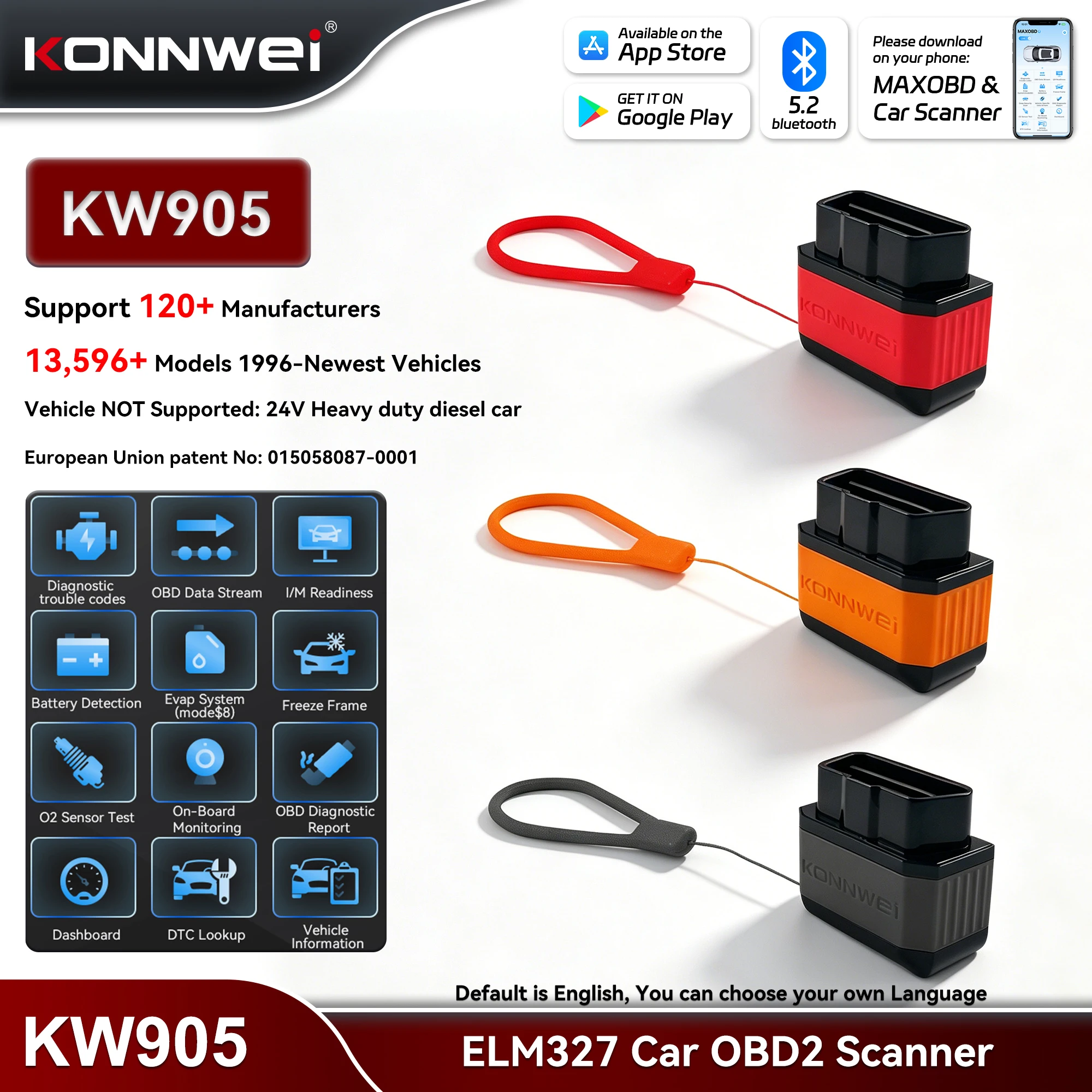 KONNWEI KW905 ELM327 OBD2 Car Scanner Bluetooth 5.0 Engine Fault Scanner Tool OBDII Code Reader Diagnostic Tool for Android/IOS
