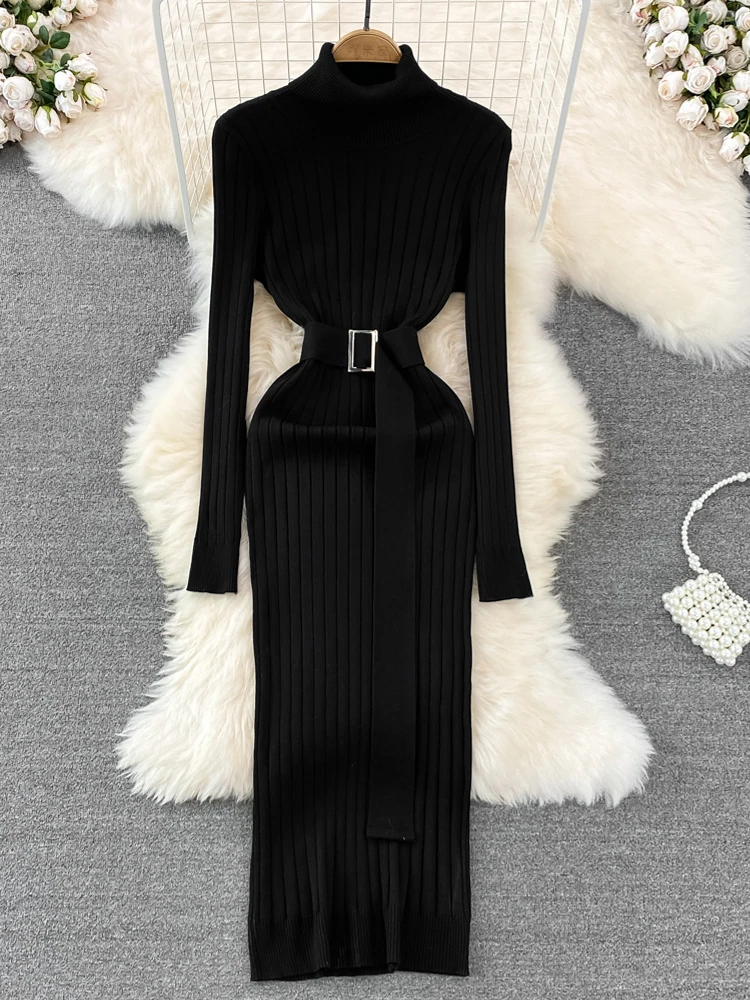 YuooMuoo Fashion Ribbed Knit Full Sleeve Dress with Belt Ladies Autumn Winter Elegant Knit Sweater Dress Women 2023 New Vestidos