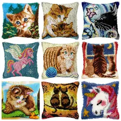 Unicorn Cat Style Latch Hook Kits Smyrna Pillowcase Knot Pillow Package Latch Hook Kit Set For Needlework DIY Embroidery Cushion