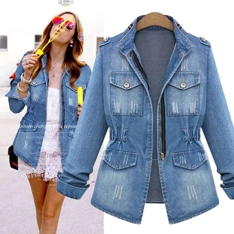 Spring Autumn Women's Long Sleeve Denim Jacket Zipper Outerwear Plus Size Slimming Street Style Break Hole Splicing PU Material