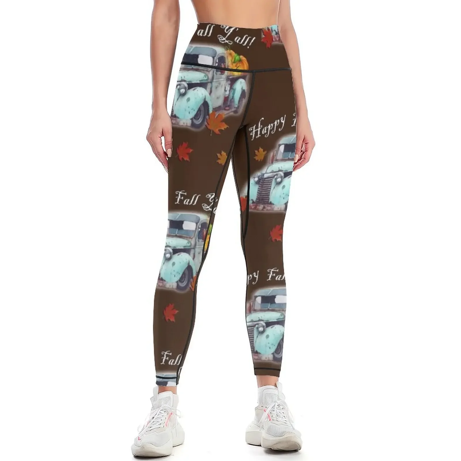 

Fall Truck, Pumpkins, Leaf Graphic Leaves and Quote Happy Fall Y'all Autumn Leggings