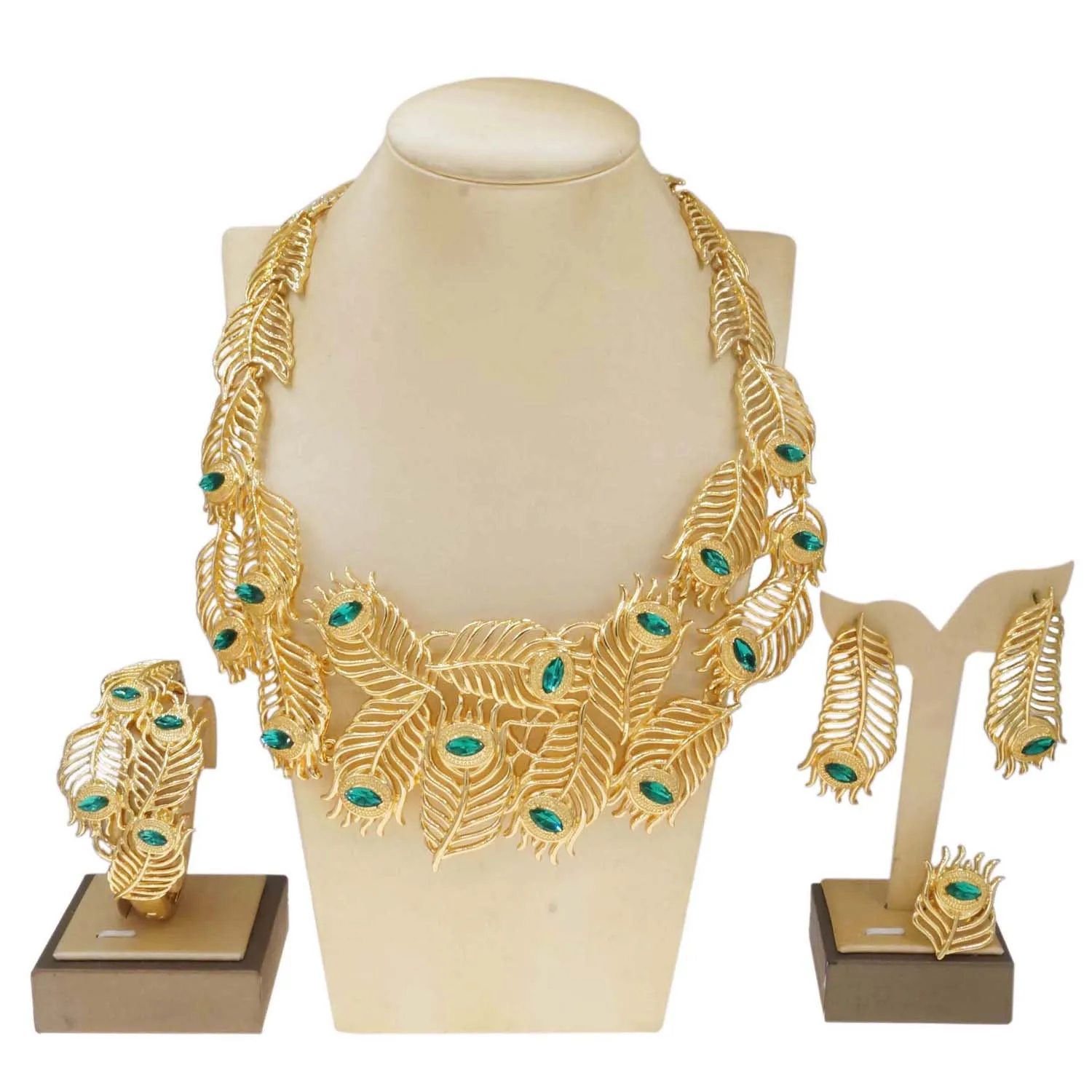 

Gold Plated Italian Jewelry Set for Women Leaf and Green Diamond Necklace Earring Bracelet Ring African Party Accessories H00719