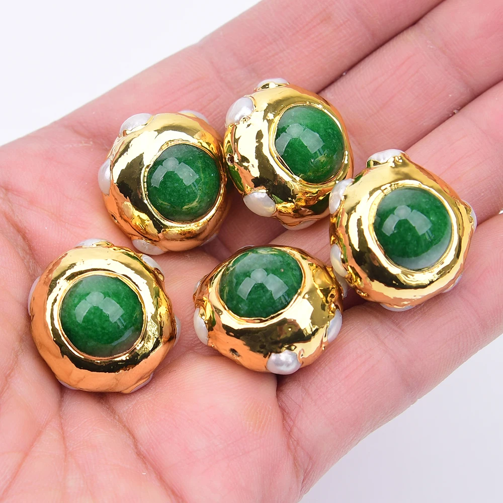 

APDGG 5Pcs Cultured White Pearl Green Jasper Jades Gold Plated Round Loose Beads Jewelry Making DIY