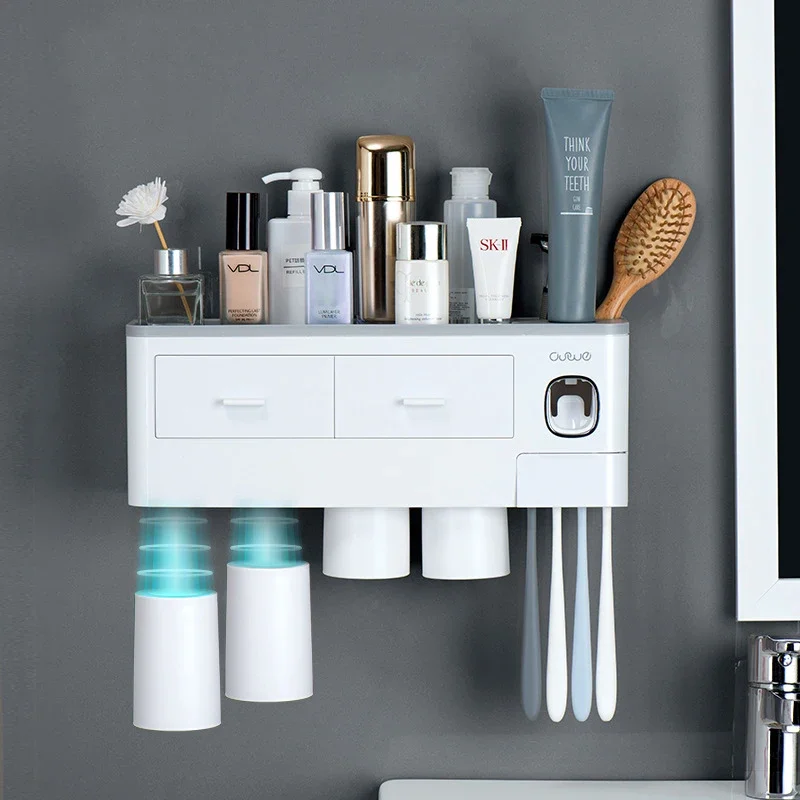 Magnetic Adsorption Toothbrush Holder Automatic Toothpaste Dispenser with Cup Wall Mount Storage Rack Bathroom Accessories Set