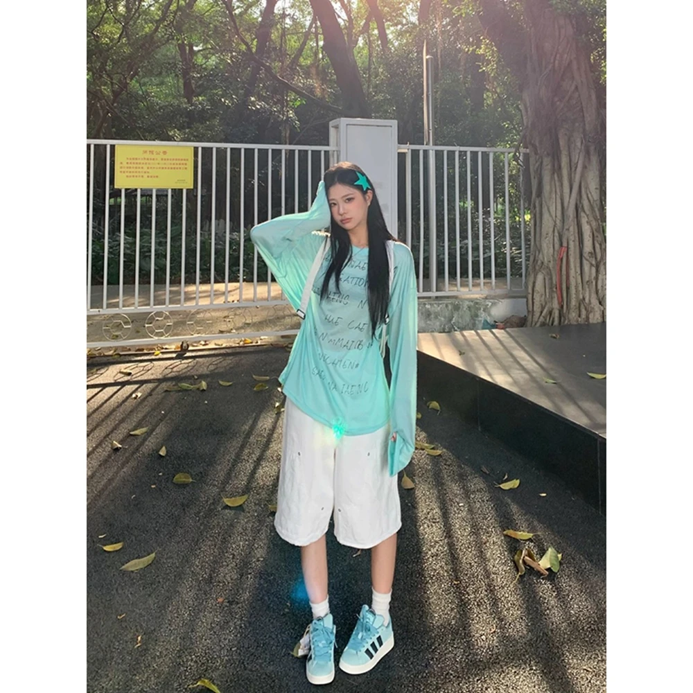 تي شيرت نسائي بأكمام طويلة تي شيرت نسائي صيفي قطني بحاشية فضفاضة مهواة سريعة الجفاف ملابس خروج نسائية متعثرة #3