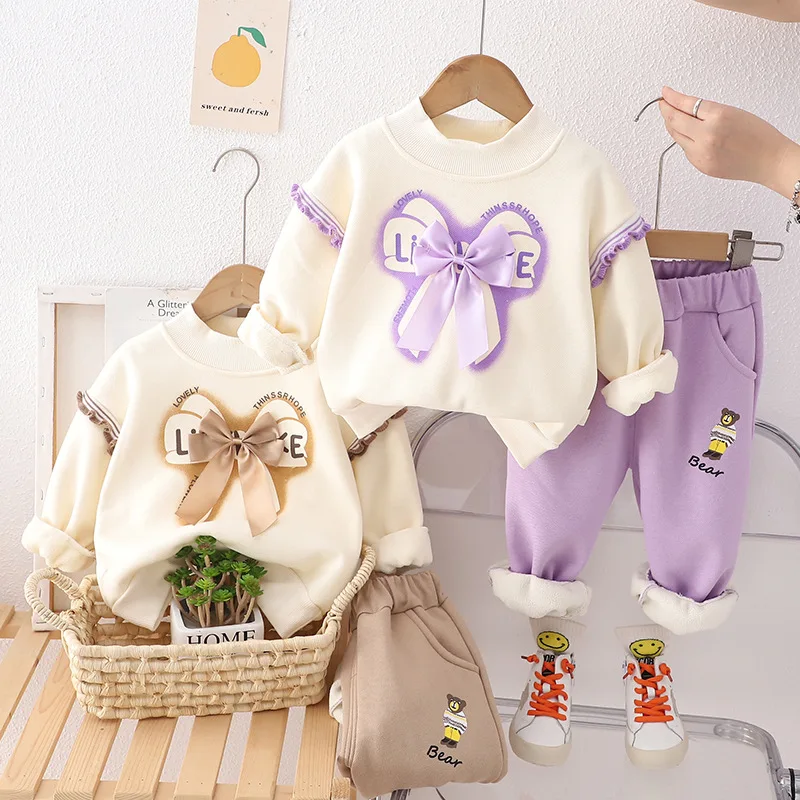 Winter Baby Girl Clothes Kids Sets 203 Korean Style Big Bowknot Plush Velvet Long Sleeve Sweaters and Pants Childrens Clothing