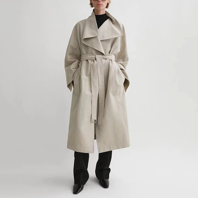 Women\'s trench coat, long irregular lapel jacket, stylish high quality linen fabric top, Fall new 2024, y2k