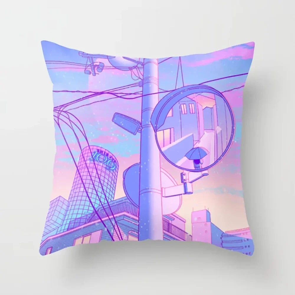 Home Decor Cushion Cover Pink Anime City Print Polyester Pillowcase For Bedroom Living Room 45x45cm Funda de almohada