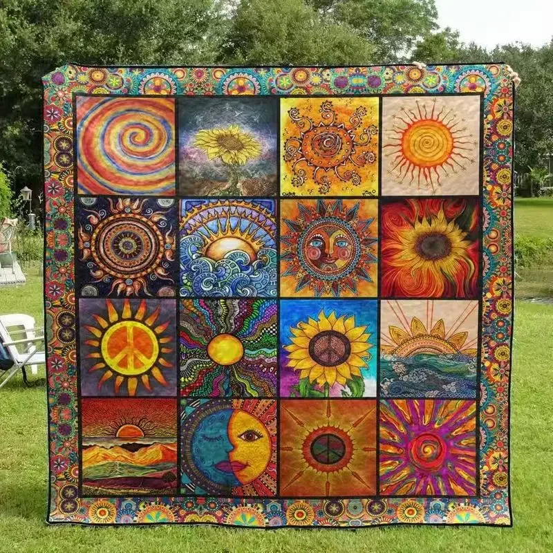 VIKAMA Boho Hippie Patchwork Flannel Throw Blanket Sun Sunflower Peace Sign Art Print Soft Warm Aesthetic Sofa Decor Blanket