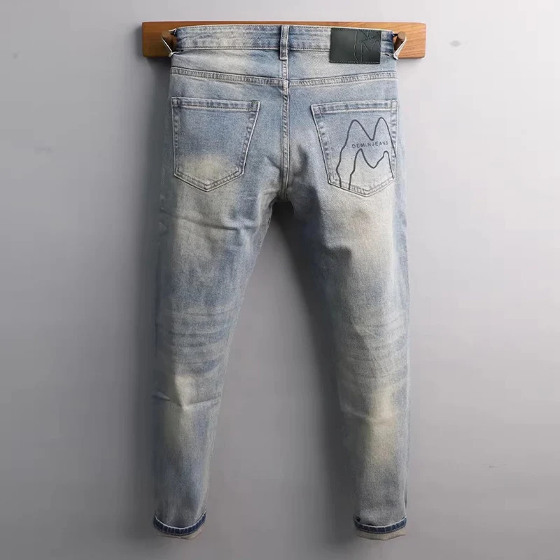Light Blue Men's Slim Fit Jeans Fashionable Nostalgic Stretch Retro Designer Pants Hombre Casual Wear