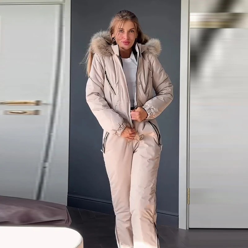 Ski-Overall mit Kunstfellkragen, tailliert, für Damen, sportlich, mit Kapuze, Laternenärmeln, Reißverschlüssen, schmal geschnitten, Winter-Skibekleidung für Damen – Detail 31
