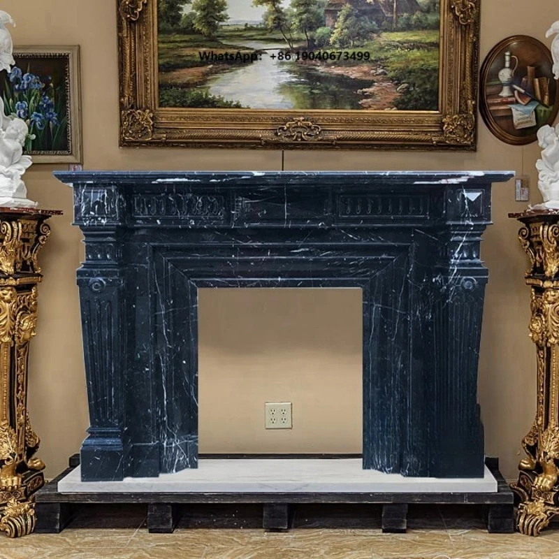 Hand Carved Black Marble Fireplace with Golden Painting   h003