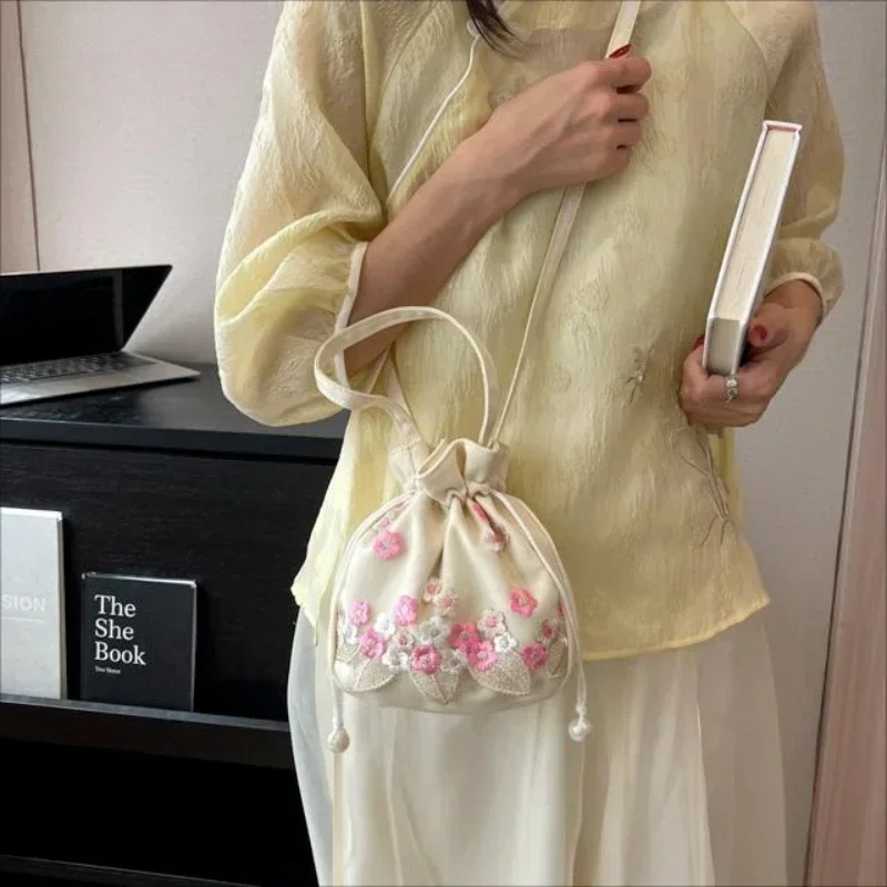 Chinese Style Retro Flower Embroidery Crossbody Top-handle Bags Women Shoulder Lace Drawstring Bucket Bag Coin Purses Handbags