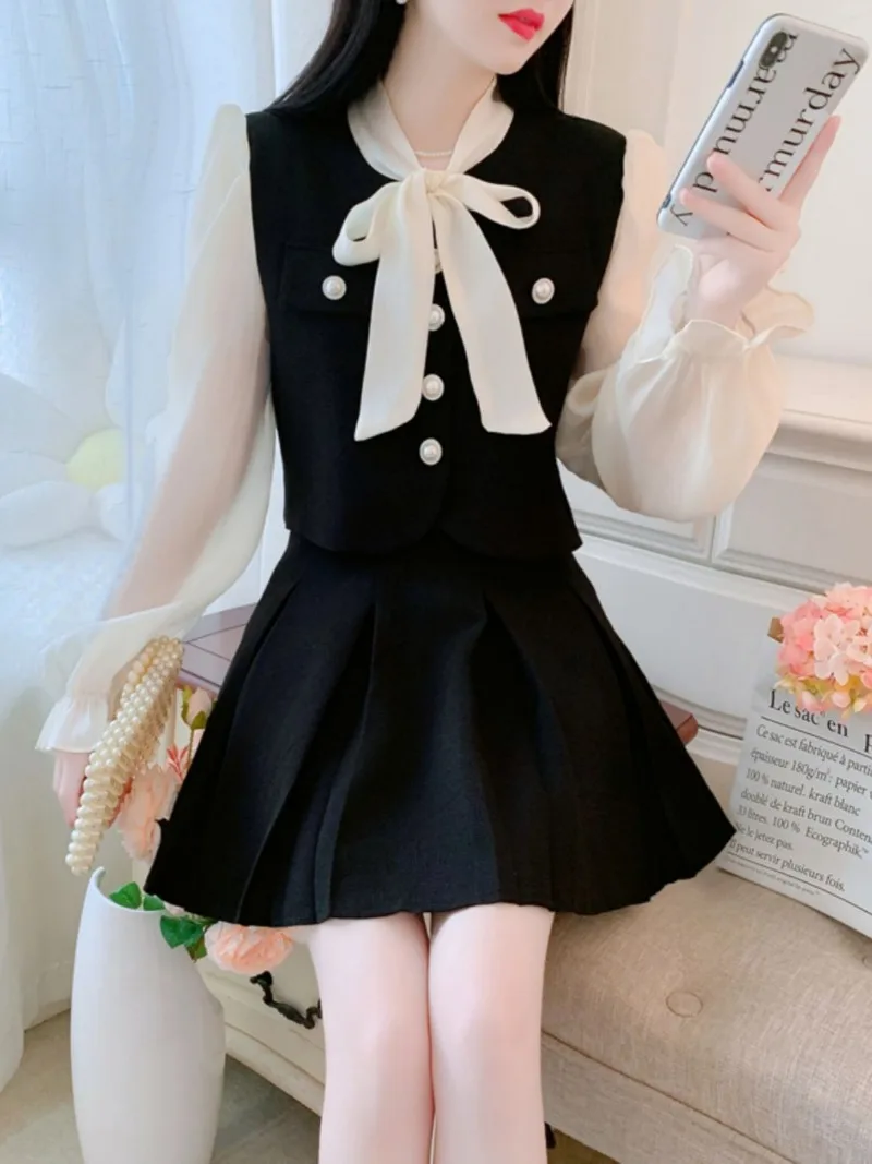 New French Small Fragrant Women's Two Piece Set High End Autumn Lace-Up Bow Tie Long Sleeve Short Jacket + Mini Skirt Suit