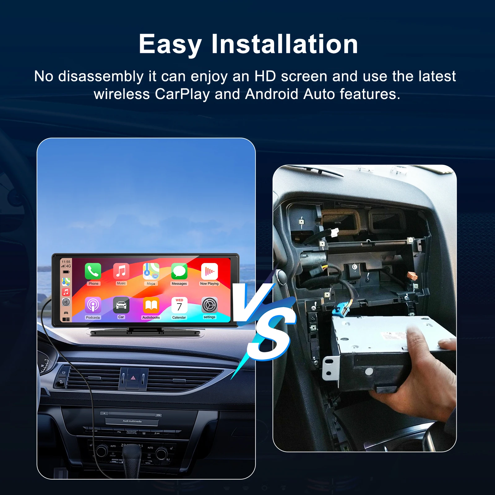 كاميرا داش 10.26 بوصة 4K لاسلكية، تدعم CarPlay Android Auto Portable Screen Dashboard Recorder، التوصيل والتشغيل
