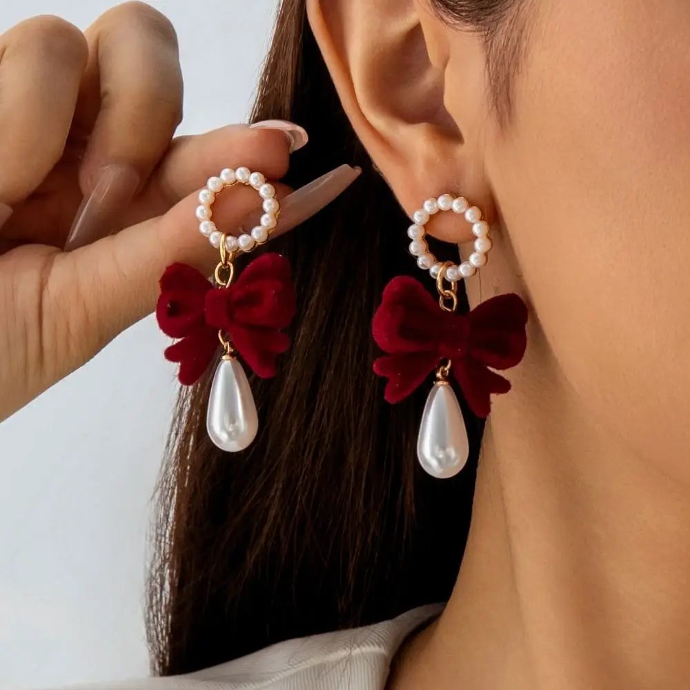 

Exquisite Alloy Red Velvet Bow Earrings Pearl Bowknot Wine Red Bow Drop Earrings Heart Tassel New Year Earrings Festival