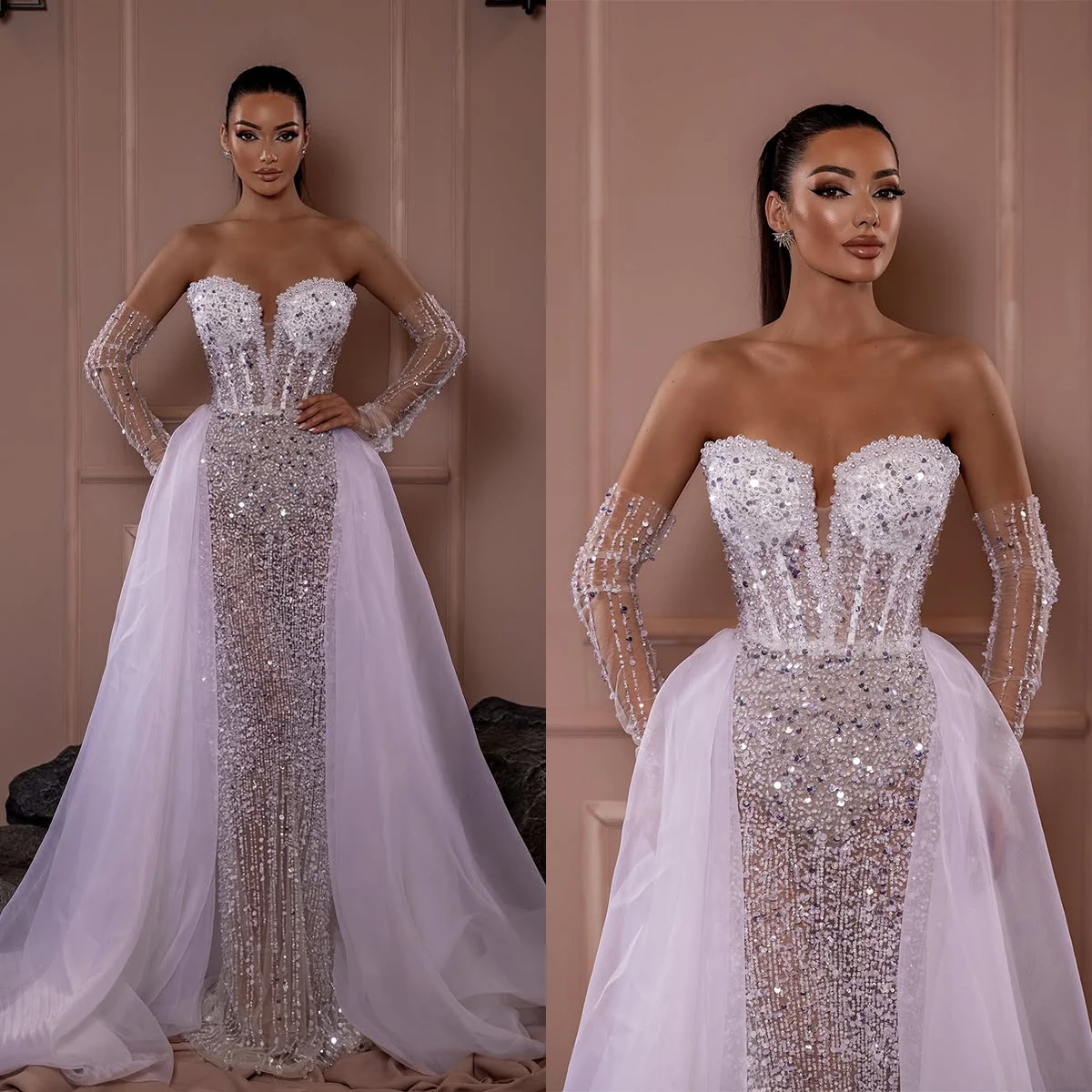 

Fashion Pearls Wedding Dresses Beading Strapless MermaidBridal Gowns Detachable Train Sequins Customized Bride Vestidos De Novia