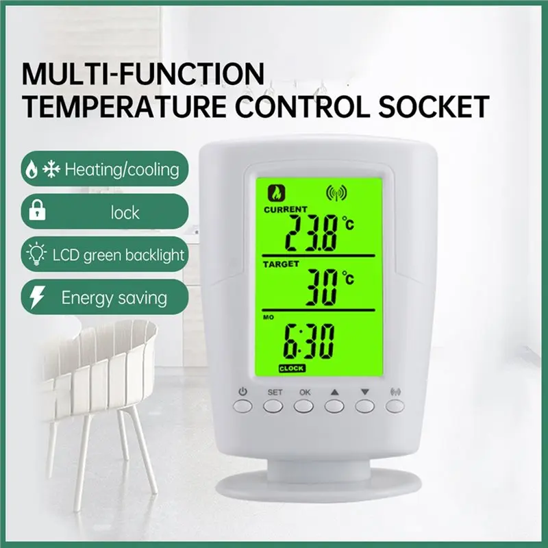 TS-2000 Wireless Heating Cooling Program Thermostat Temperature Control Socket Thermoregulator 0-60℃ LCD Display B UK Plug