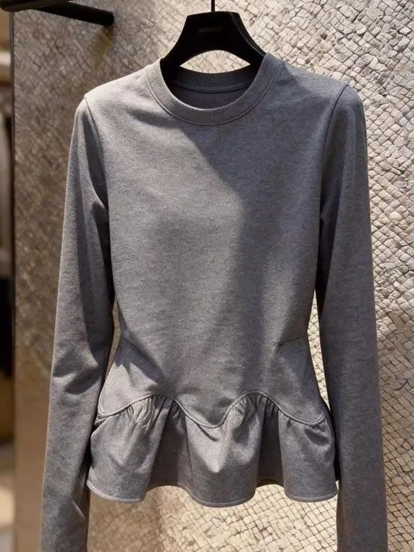 Grey Slim Fit Top with Lace Trim Waist-Cinching Design Commute Style Long Sleeve round Neck Bottoming Shirt Women's Fashion
