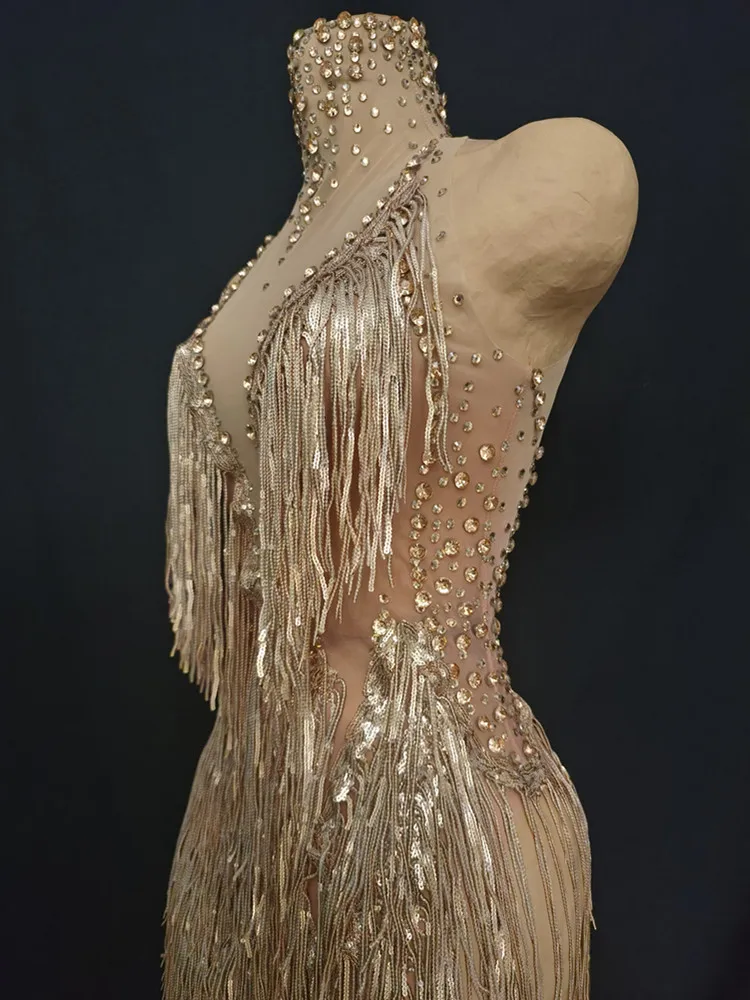 Women Sexy Tassel Gold Diamonds Midi Dress Birthday Party Costume Bar Nightclub Stage Performance Clothing