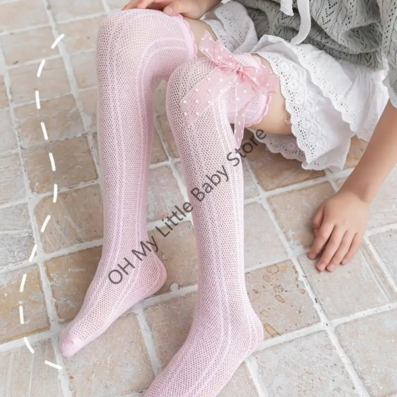

M76C Soft & Breathable Girls Above Knee length Socks Cotton Lace Ruffle Bowknot Tube Stockings for Sweet