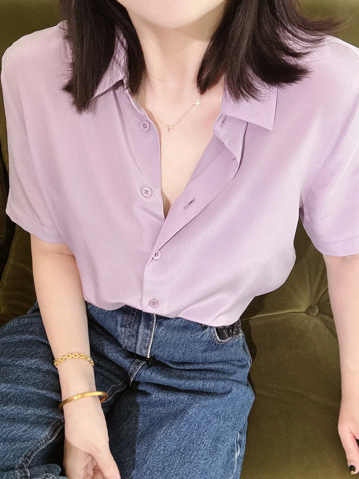 

Summer ential Classic Basic Daily Commute Light Purple ort Sve Silk irt Sand Wa Silk Loose Fit Women's P...