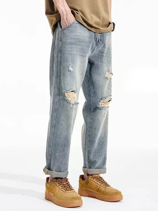 

Мужские повседневные джинсы из денима Весна-Лето 2025 с прорезями, прямого кроя, модные, универсальные, длинные брюки, стильная городская одежда