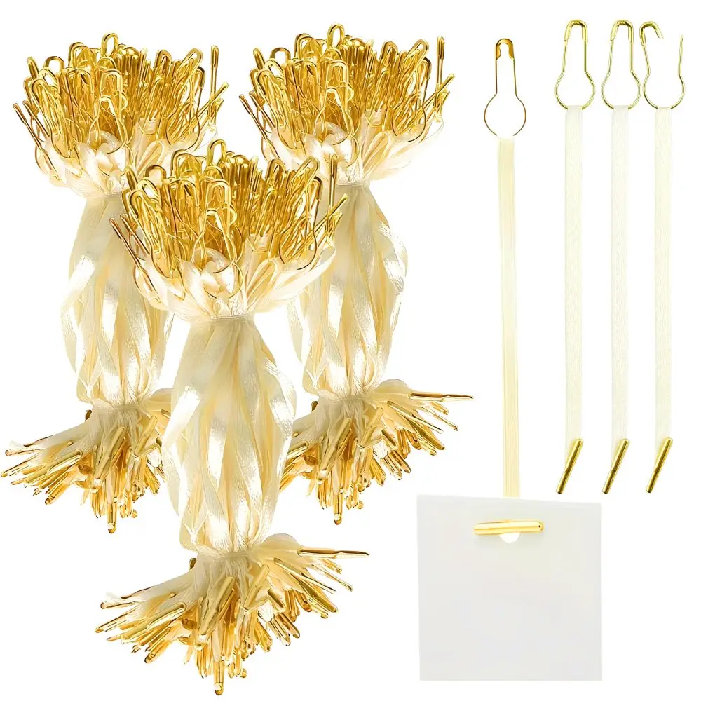 100/200pcs Cream Satin Price Tag Strings Golden Gourd Safety Pins, Clothing & Gift Label Hanging Ties YMY
