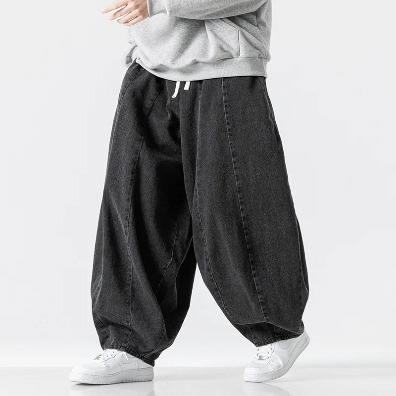 2026 New Men's Pants in Plus Size Japanese Retro Loose Haren Straight Leg Pants Hong Kong Style Wide Leg Denim Lantern Pants