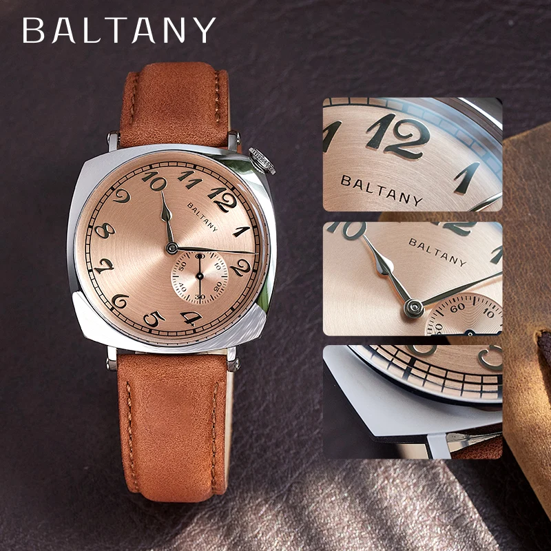 Baltany 1921 ST1701 Luxury Men\'s Automatic Mechanical Watch Vintage Classic Salmon Dial Sapphire Square Case Leather Wristwatch